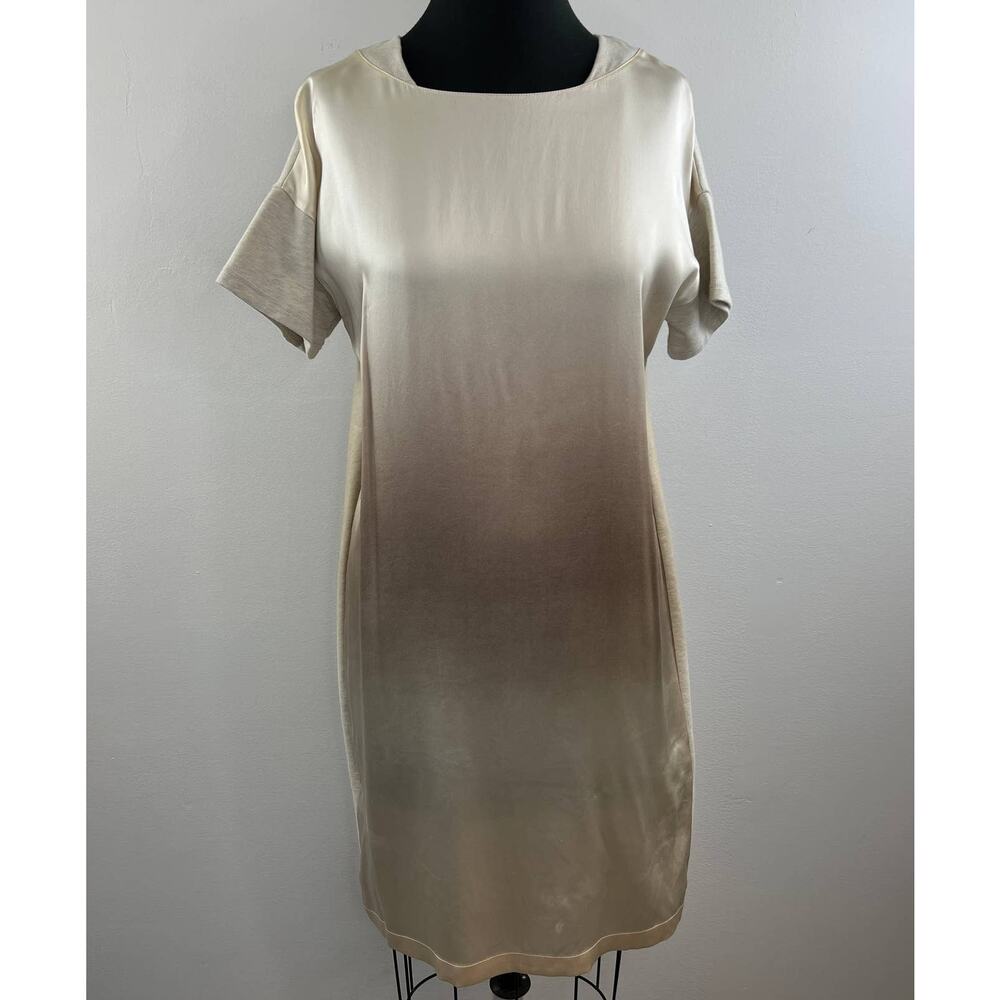 Lafayette 148 New York Cream Ombre Short Sleeve Silk Satin Shift Dress M Medium